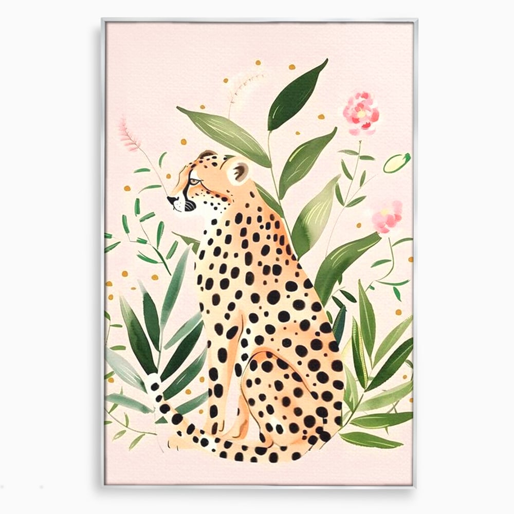 Tablou canvas cu tablou canvas cu leopard si frunze tropicale, in rama de aluminiu argintiu